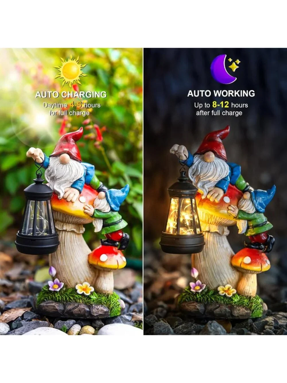 Solar Garden Gnome Statue with Lantern | Waterproof Mushroom Decor | LED Yard